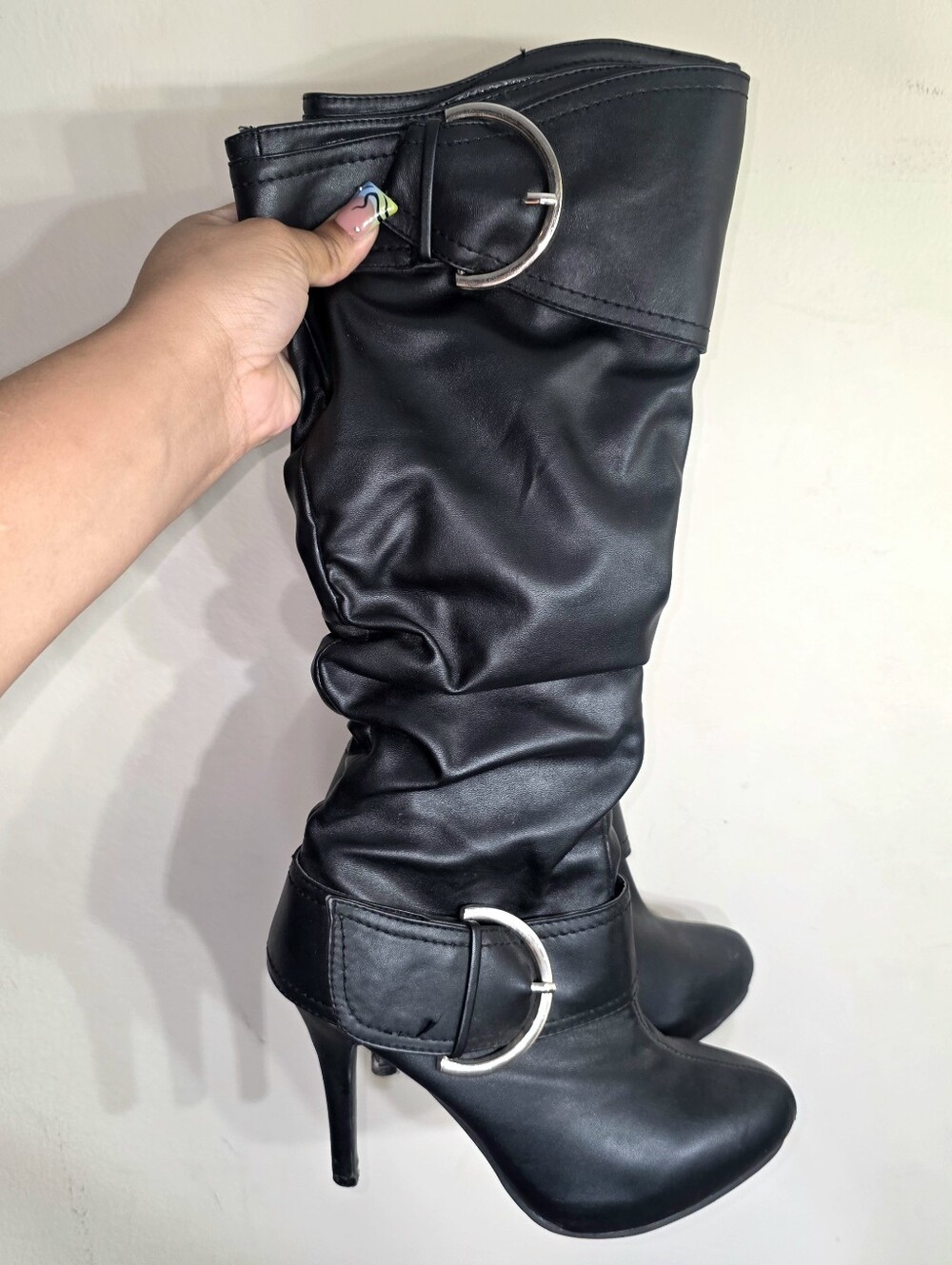 Bumper Black Slouchy Knee-High Heeled Boots with Silver Buckles